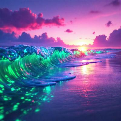 The primary subject of the image is a large, glowing wave crashing onto the beach. The setting is a beach at sunset, with the sun visible in the background. The visual style is a combination of a photo and digital art, creating a unique and captivating scene. The dominant colors are purple, blue, and green, giving the image a serene and calming atmosphere.